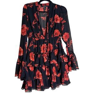 Forever 21 Mini Dress Women Medium Black Floral Ruffle Boho Cottagecore Party